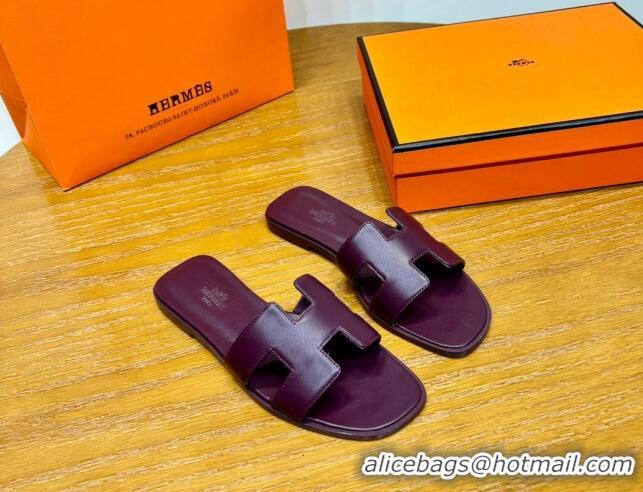 Charming Hermes Oran Classic Swift Calfskin Flat Slide Sandals Purple 062609