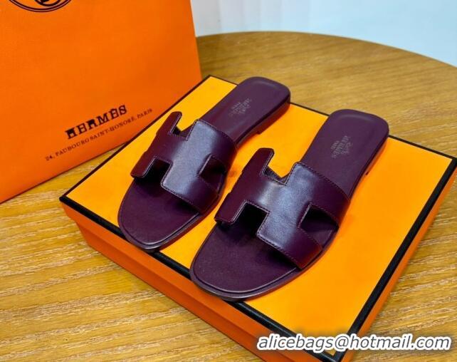 Charming Hermes Oran Classic Swift Calfskin Flat Slide Sandals Purple 062609