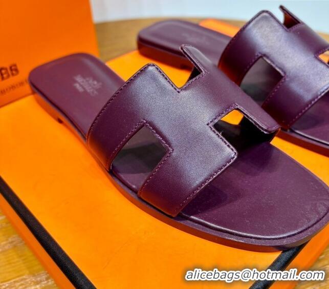 Charming Hermes Oran Classic Swift Calfskin Flat Slide Sandals Purple 062609