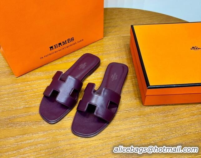 Charming Hermes Oran Classic Swift Calfskin Flat Slide Sandals Purple 062609