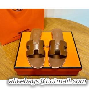 Pretty Style Hermes Oran Classic Swift Calfskin Flat Slide Sandals Brown 062610