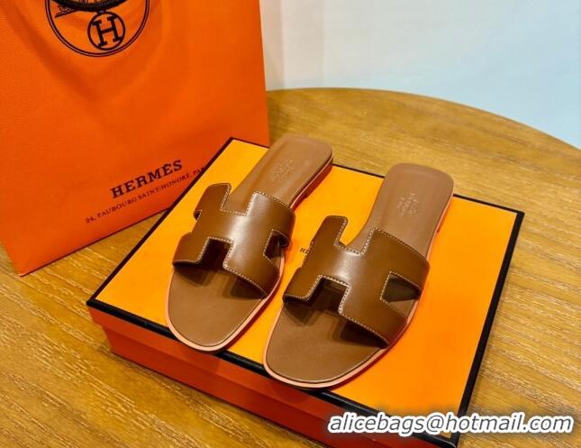 Pretty Style Hermes Oran Classic Swift Calfskin Flat Slide Sandals Brown 062610