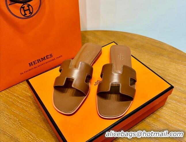 Pretty Style Hermes Oran Classic Swift Calfskin Flat Slide Sandals Brown 062610