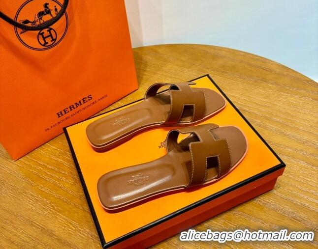 Pretty Style Hermes Oran Classic Swift Calfskin Flat Slide Sandals Brown 062610