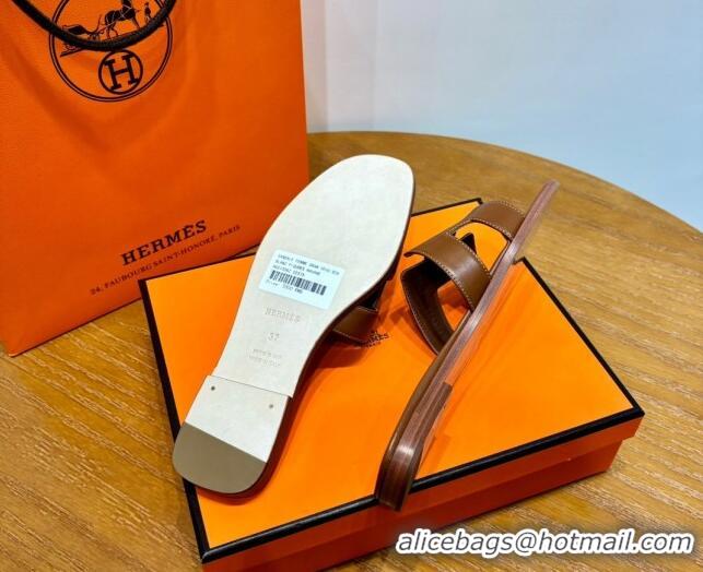 Pretty Style Hermes Oran Classic Swift Calfskin Flat Slide Sandals Brown 062610