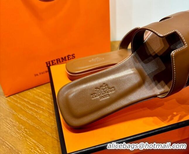 Pretty Style Hermes Oran Classic Swift Calfskin Flat Slide Sandals Brown 062610