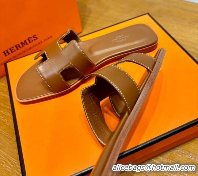 Pretty Style Hermes Oran Classic Swift Calfskin Flat Slide Sandals Brown 062610