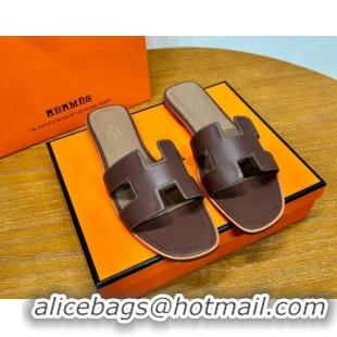 Good Product Hermes Oran Classic Swift Calfskin Flat Slide Sandals Dark Brown 062611