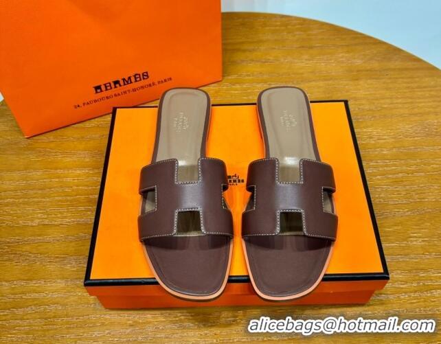 Good Product Hermes Oran Classic Swift Calfskin Flat Slide Sandals Dark Brown 062611