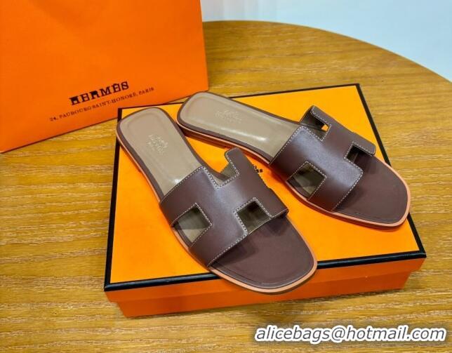 Good Product Hermes Oran Classic Swift Calfskin Flat Slide Sandals Dark Brown 062611