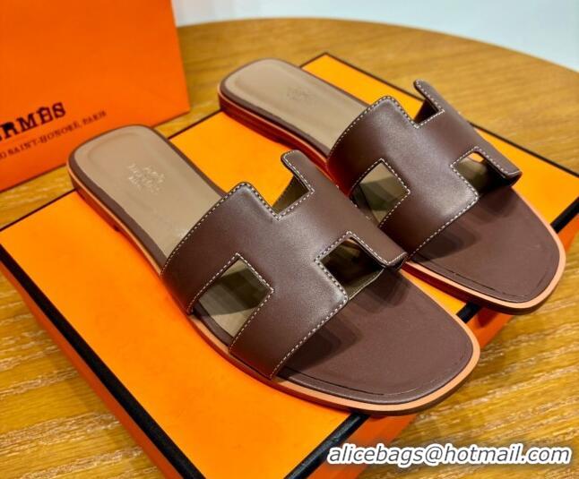 Good Product Hermes Oran Classic Swift Calfskin Flat Slide Sandals Dark Brown 062611