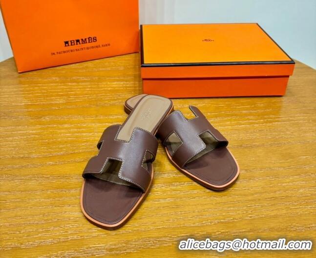 Good Product Hermes Oran Classic Swift Calfskin Flat Slide Sandals Dark Brown 062611