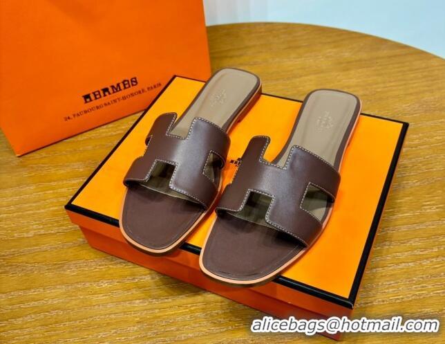 Good Product Hermes Oran Classic Swift Calfskin Flat Slide Sandals Dark Brown 062611