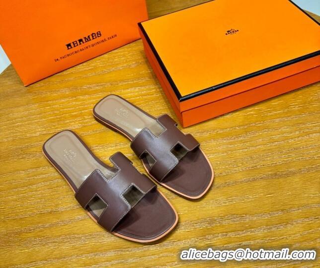 Good Product Hermes Oran Classic Swift Calfskin Flat Slide Sandals Dark Brown 062611