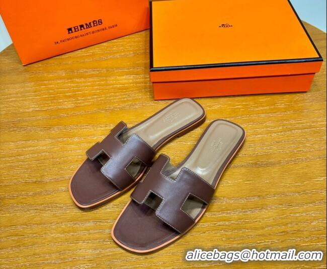 Good Product Hermes Oran Classic Swift Calfskin Flat Slide Sandals Dark Brown 062611