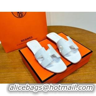 Good Looking Hermes Oran Classic Swift Calfskin Flat Slide Sandals White 062612