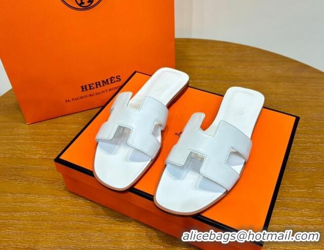 Good Looking Hermes Oran Classic Swift Calfskin Flat Slide Sandals White 062612