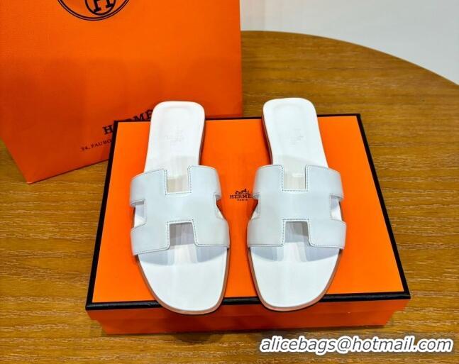 Good Looking Hermes Oran Classic Swift Calfskin Flat Slide Sandals White 062612