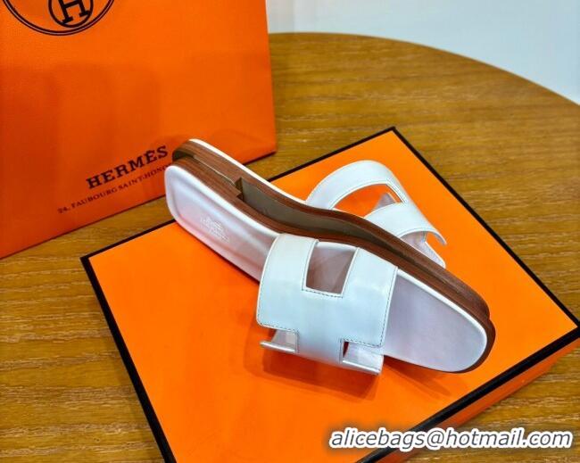 Good Looking Hermes Oran Classic Swift Calfskin Flat Slide Sandals White 062612