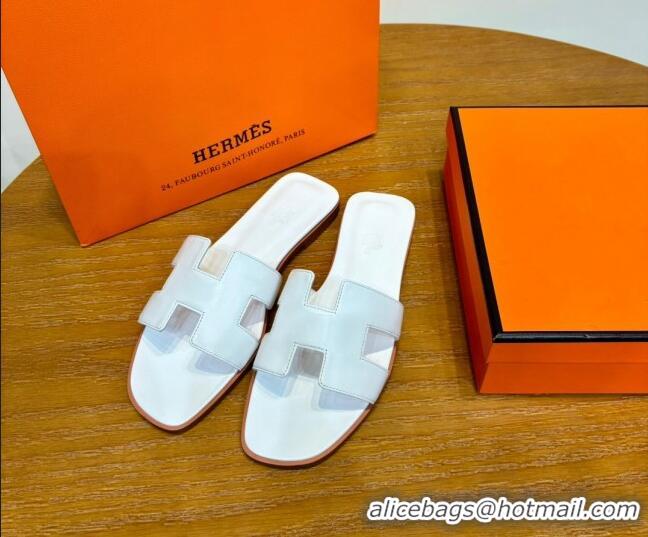 Good Looking Hermes Oran Classic Swift Calfskin Flat Slide Sandals White 062612