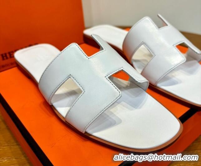 Good Looking Hermes Oran Classic Swift Calfskin Flat Slide Sandals White 062612