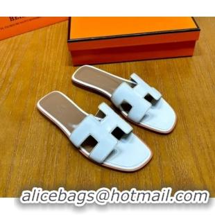 Luxury Discount Hermes Oran Classic Swift Calfskin Flat Slide Sandals Tan/White 062613