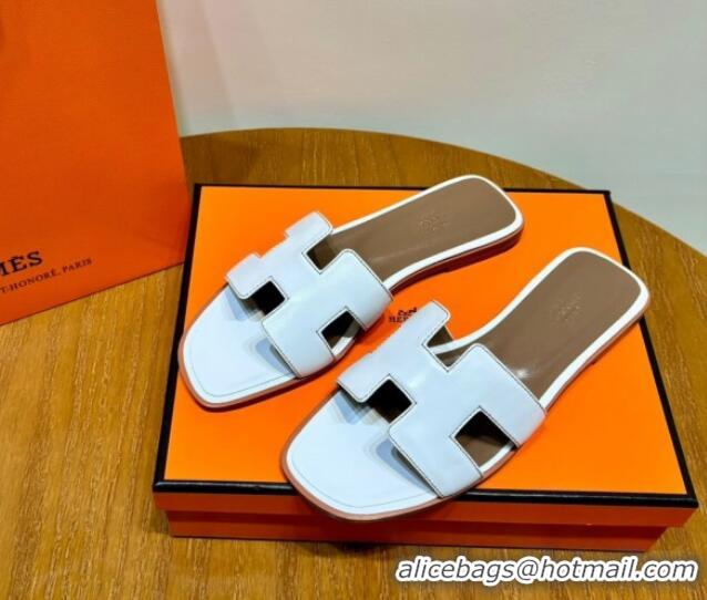 Luxury Discount Hermes Oran Classic Swift Calfskin Flat Slide Sandals Tan/White 062613