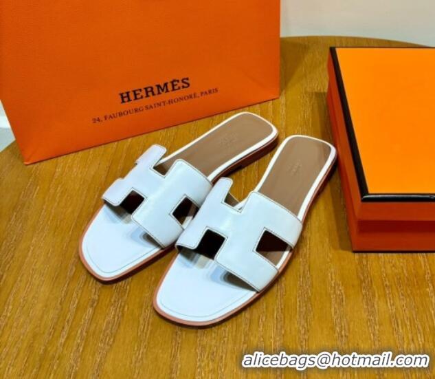 Luxury Discount Hermes Oran Classic Swift Calfskin Flat Slide Sandals Tan/White 062613