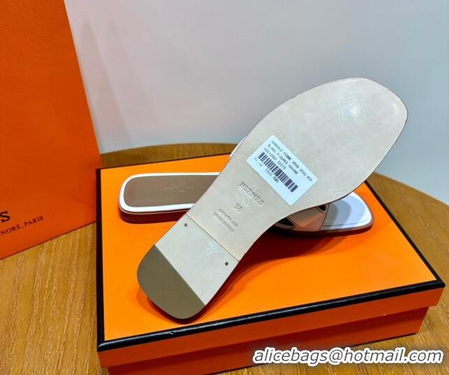 Luxury Discount Hermes Oran Classic Swift Calfskin Flat Slide Sandals Tan/White 062613