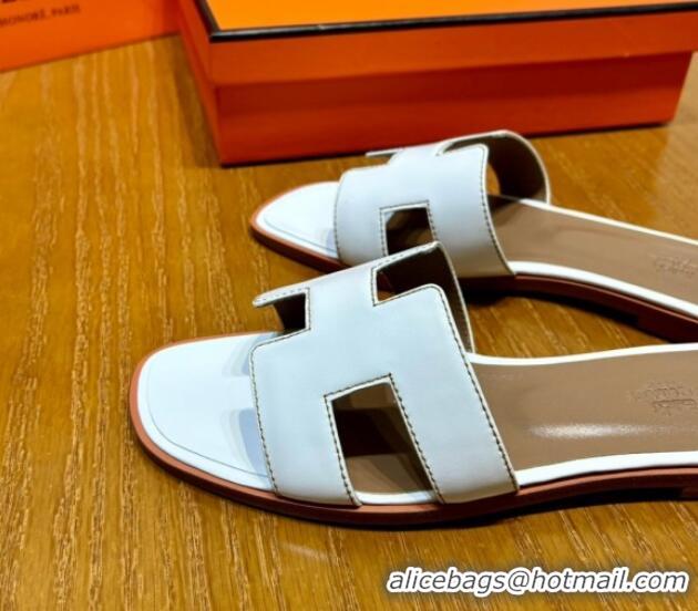 Luxury Discount Hermes Oran Classic Swift Calfskin Flat Slide Sandals Tan/White 062613