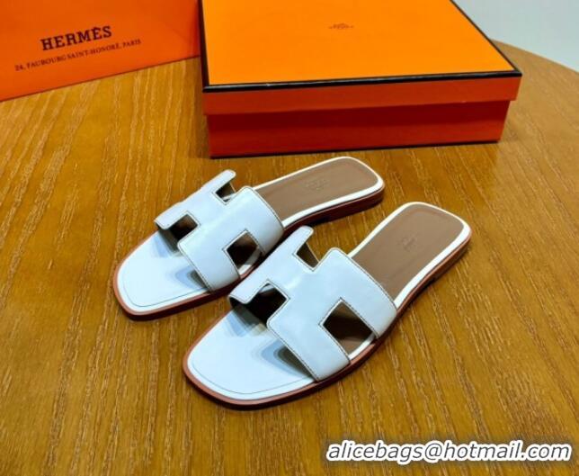 Luxury Discount Hermes Oran Classic Swift Calfskin Flat Slide Sandals Tan/White 062613