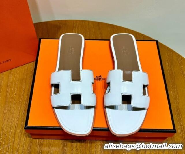 Luxury Discount Hermes Oran Classic Swift Calfskin Flat Slide Sandals Tan/White 062613