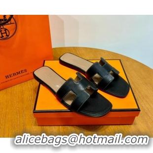 Luxury Hermes Oran Classic Swift Calfskin Flat Slide Sandals Tan/Black 062614