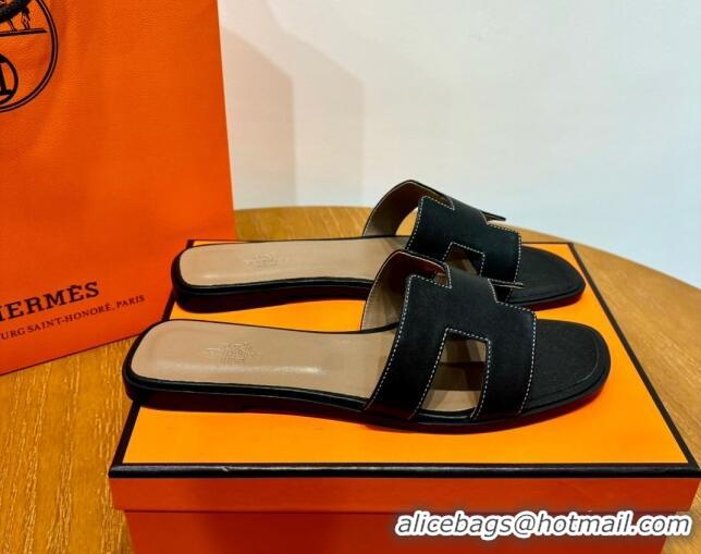 Luxury Hermes Oran Classic Swift Calfskin Flat Slide Sandals Tan/Black 062614