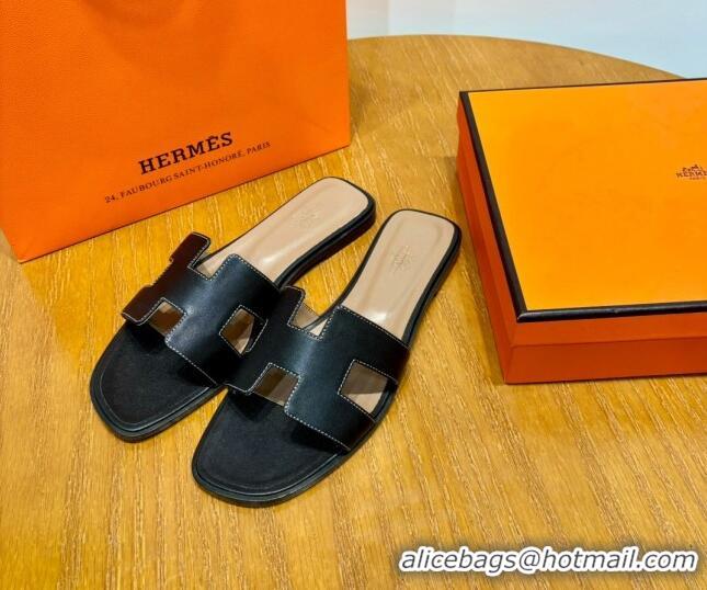 Luxury Hermes Oran Classic Swift Calfskin Flat Slide Sandals Tan/Black 062614