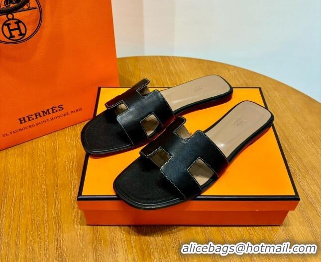 Luxury Hermes Oran Classic Swift Calfskin Flat Slide Sandals Tan/Black 062614