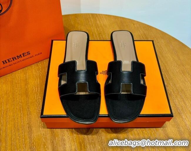 Luxury Hermes Oran Classic Swift Calfskin Flat Slide Sandals Tan/Black 062614