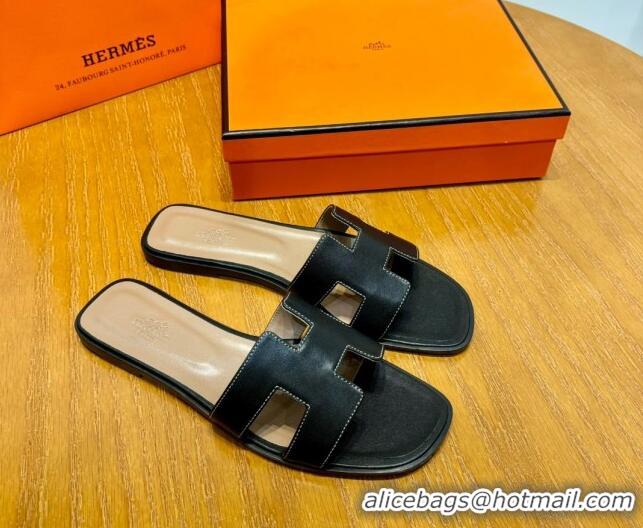 Luxury Hermes Oran Classic Swift Calfskin Flat Slide Sandals Tan/Black 062614