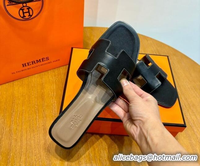 Luxury Hermes Oran Classic Swift Calfskin Flat Slide Sandals Tan/Black 062614