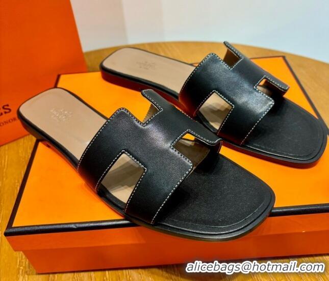 Luxury Hermes Oran Classic Swift Calfskin Flat Slide Sandals Tan/Black 062614