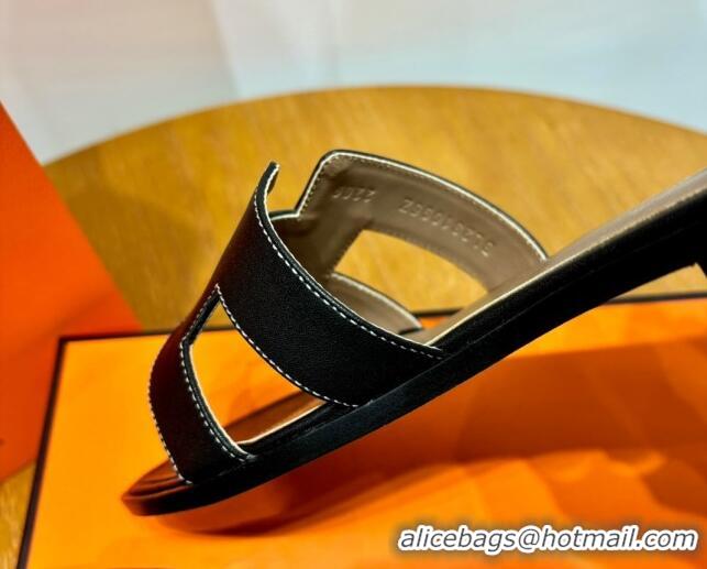 Luxury Hermes Oran Classic Swift Calfskin Flat Slide Sandals Tan/Black 062614