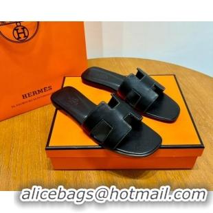 Top Design Hermes Oran Classic Swift Calfskin Flat Slide Sandals Black 062615