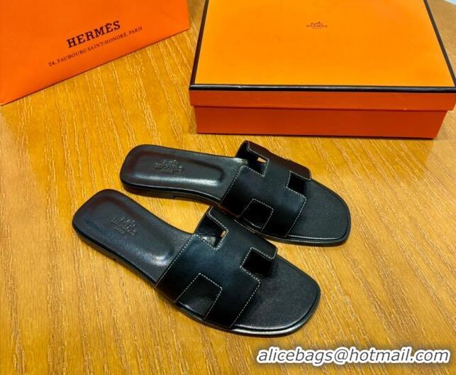 Top Design Hermes Oran Classic Swift Calfskin Flat Slide Sandals Black 062615