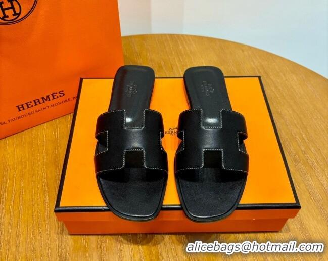 Top Design Hermes Oran Classic Swift Calfskin Flat Slide Sandals Black 062615