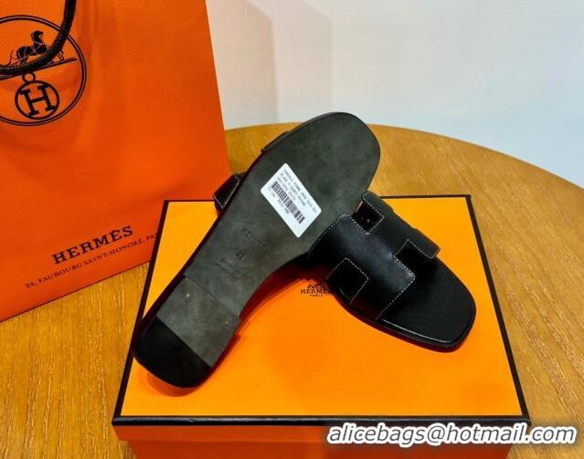 Top Design Hermes Oran Classic Swift Calfskin Flat Slide Sandals Black 062615