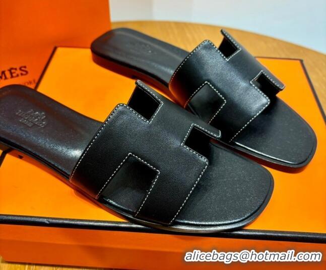 Top Design Hermes Oran Classic Swift Calfskin Flat Slide Sandals Black 062615