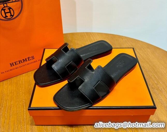 Top Design Hermes Oran Classic Swift Calfskin Flat Slide Sandals Black 062615