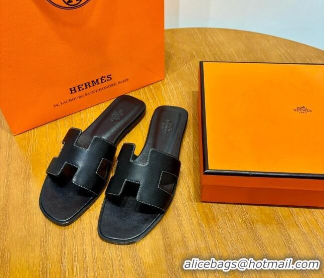 Top Design Hermes Oran Classic Swift Calfskin Flat Slide Sandals Black 062615