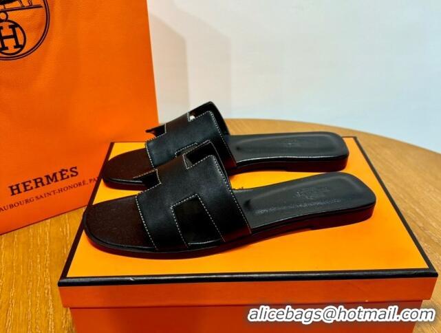 Top Design Hermes Oran Classic Swift Calfskin Flat Slide Sandals Black 062615