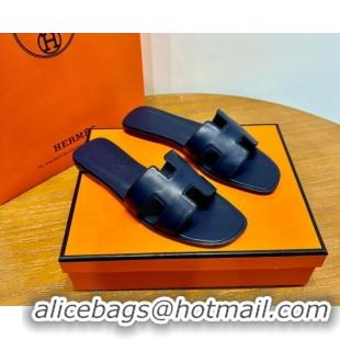 Top Grade Hermes Oran Classic Swift Calfskin Flat Slide Sandals Deep Blue 062616